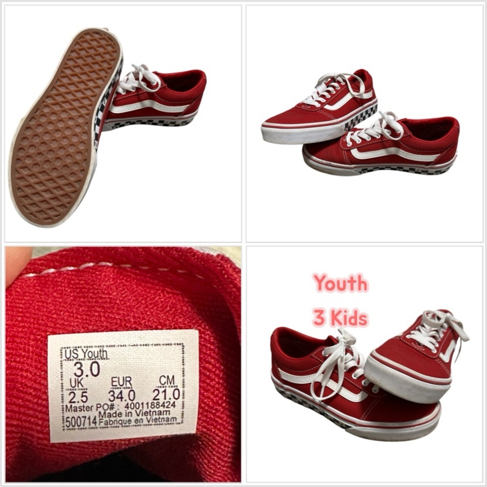 Kids Youth 3 VANS Old Skool Canvas Red White Sneakers Checkerboard Low EUC